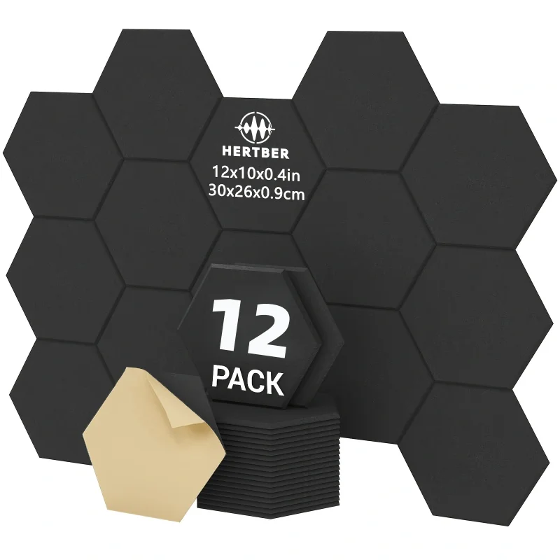 12-Pack Self-Adhesive Hexagonal Acoustic Panels (30x26x0.9cm), High Density Sound Absorbing Wall Tiles for Recording Studios