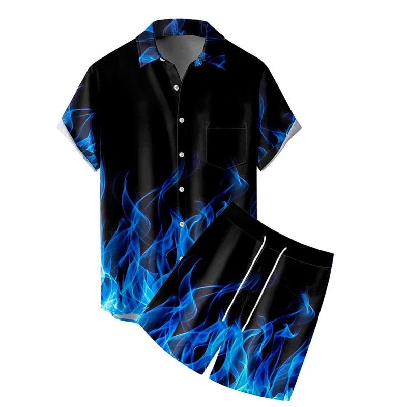 Men's Summer T-Shirts Flame Pattern Hawaiian Shirt Set For Men/Women Casual Button Beach Shirts Short Sleeve Oversized Shirt Set