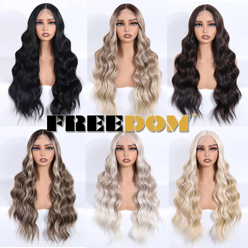 FREEDOM Synthetic Lace Front Wigs For Women Natural Hairline Loose Body Wavy Lace Wig 28" Long Ombre Brown Blonde Cosplay Wigs