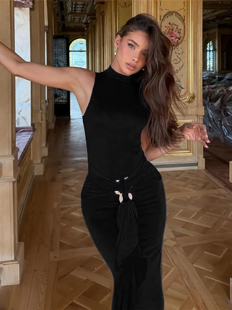 Whatiwear Metalen Gesp Patchwork Maxi Jurk Vrouwen Coltrui Mouwloos Lint Middernacht Prom Banket Elegante Skinny Vestidos