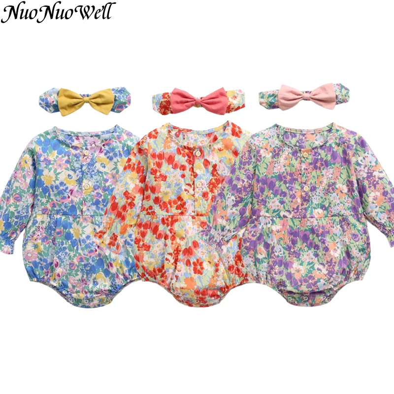 Baby Girls Clothes Bodysuits & One-pieces 2Pcs Newborn Infant Floral Romper Headband Set Cute Sweat Baby Long Sleeve Jumpsuit