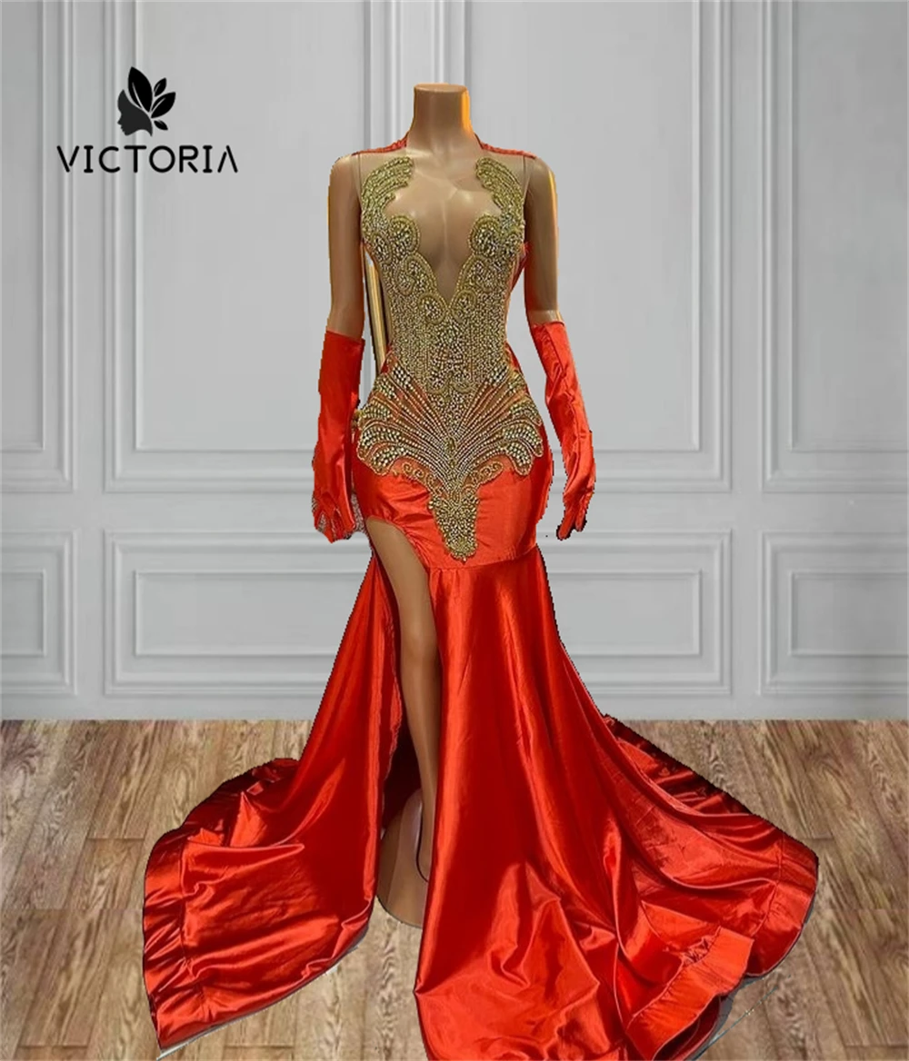 

Fancy Red Split Luxury Prom Dresses Black Girls Gold Beaded Rhinestones Formal Gown With Gloves Mermaid Evening Dress Customized