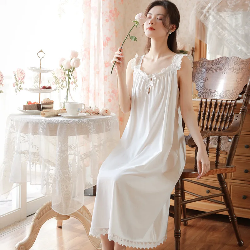 Summer Cotton Sleeveless Night Dress Women White Long Nightdress Sweet Lace Peignoir Victorian Nightgowns Princess Sleepwear