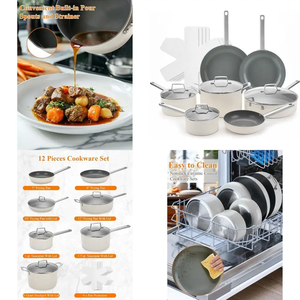 

Ceramic Nonstick Cookware Set: 12-Piece Healthy Induction Pots and Pans, PFOA & PTFE-Free