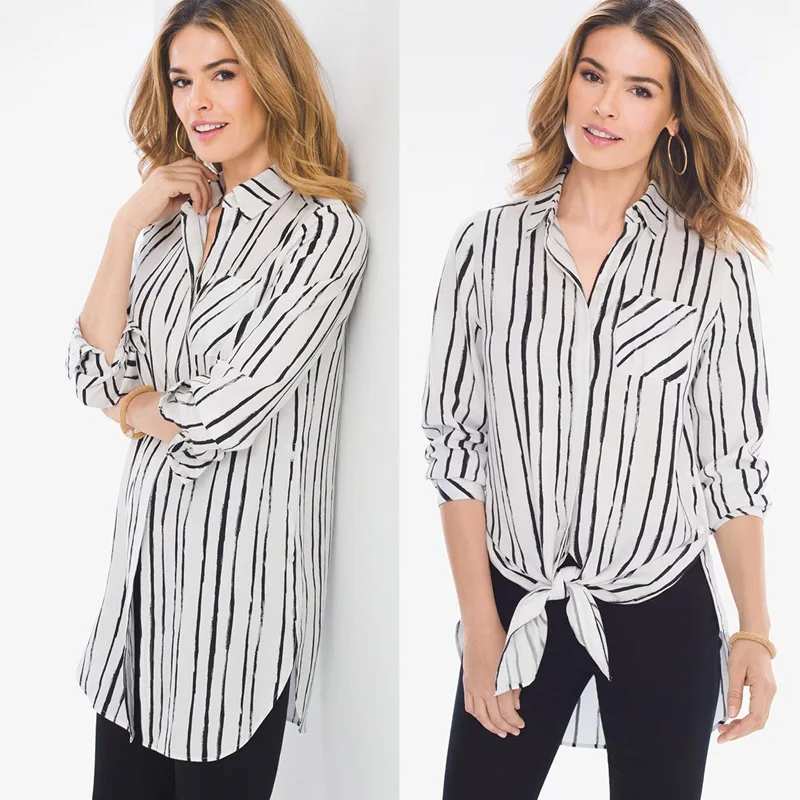 

Casual OL Silk Shirt Women's Summer Vertical Stripes Medium Length Classic Collar Button up Nine Sleeve Length