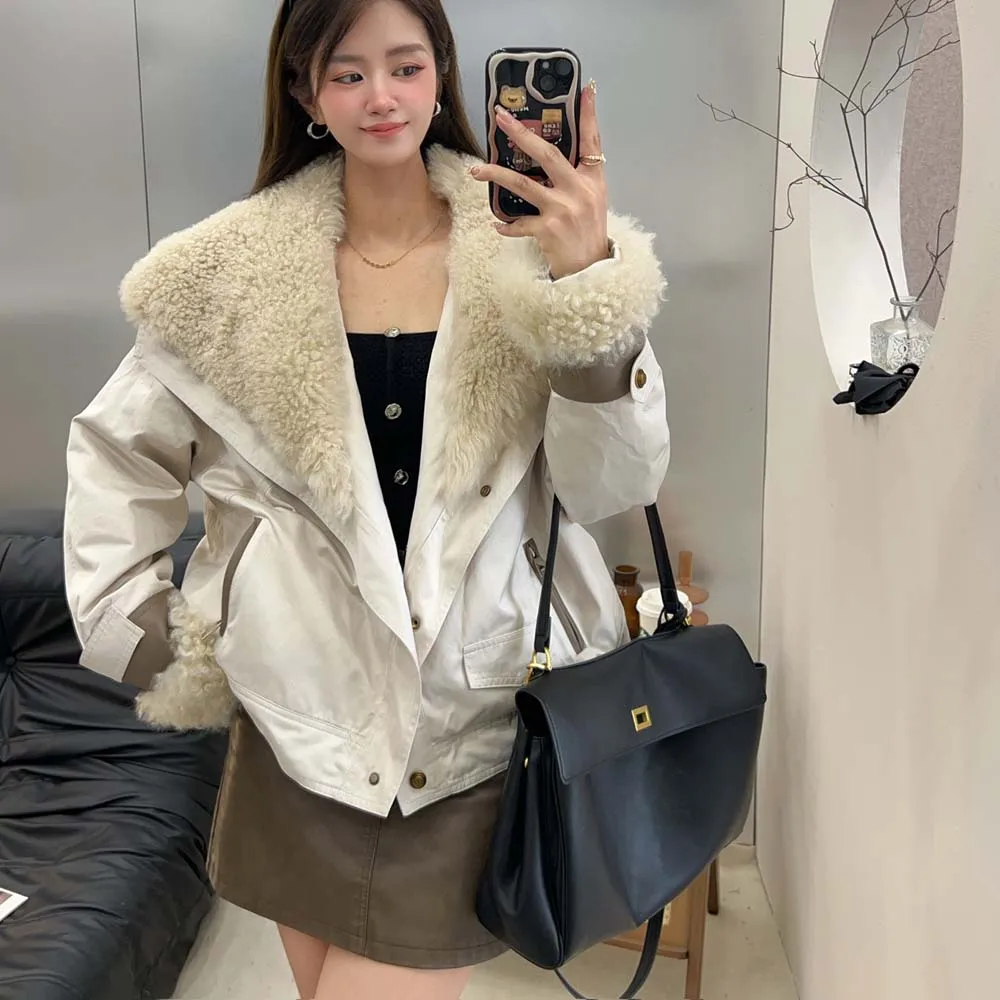 معاطف نسائية موضة خريف وشتاء 2025 سترة فضفاضة غير رسمية جديدة من صوف الضأن معطف سميك دافئ للسيدات من أوزة أسفل #4