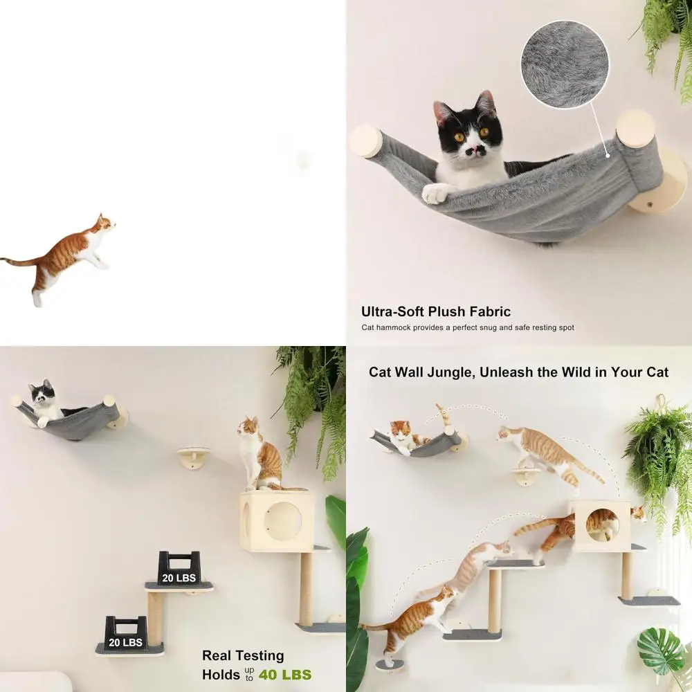 

Набор из 5 деревянных настенных полок для кошек с лазалкой, гамаком, домиком, ступеньками и когтеточкой, серый цвет