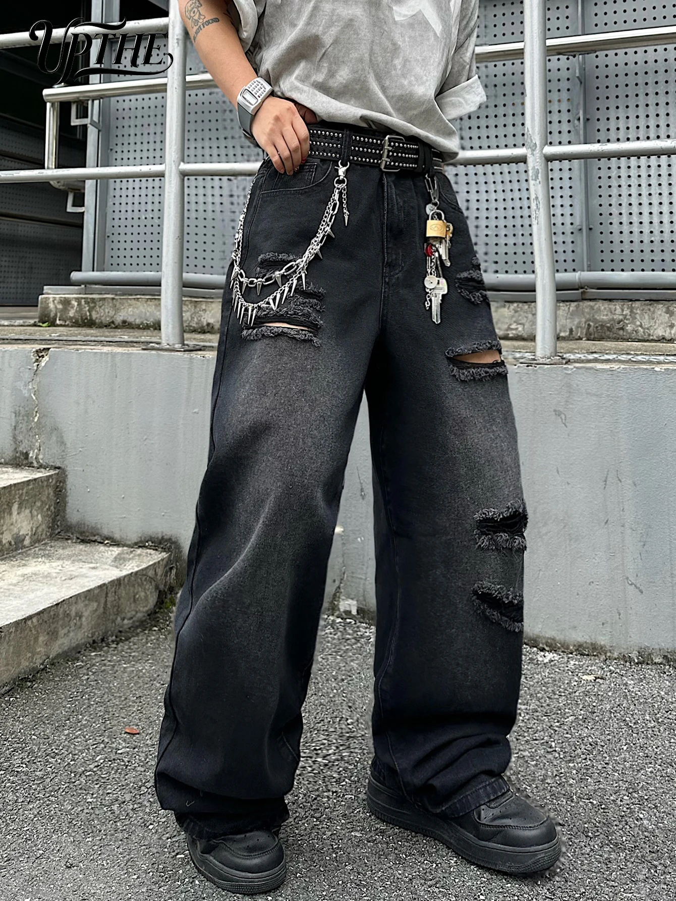 UPTHE Men's Ripped Baggy Wide Leg Jeans, Vintage Black Faded Distressed Loose Denim Pants, Y2K Punk Hip Hop Streetwear Oversized Trousers
