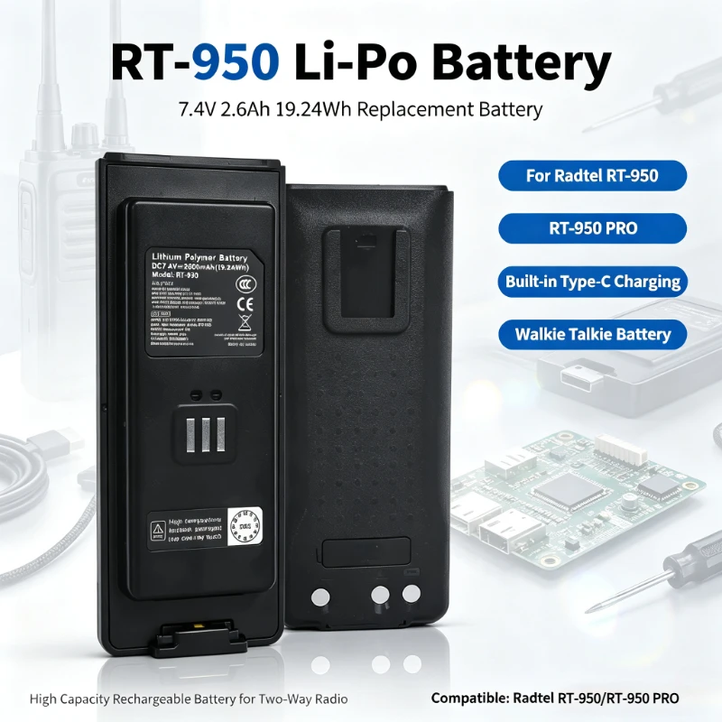 RT-950 7.4V 2.6Ah 19.24Wh Li-Po Replacement Battery Built-in Type-C Charging for Radtel RT-950 RT-950 PRO Walkie Talkie Battery