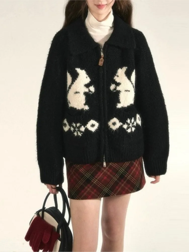 

Loose Cardigan Woman Knitted Sweater Turn-down Collar Fall Clothes Pull Femme Comfortable Simple Style All-match Homewear Casual