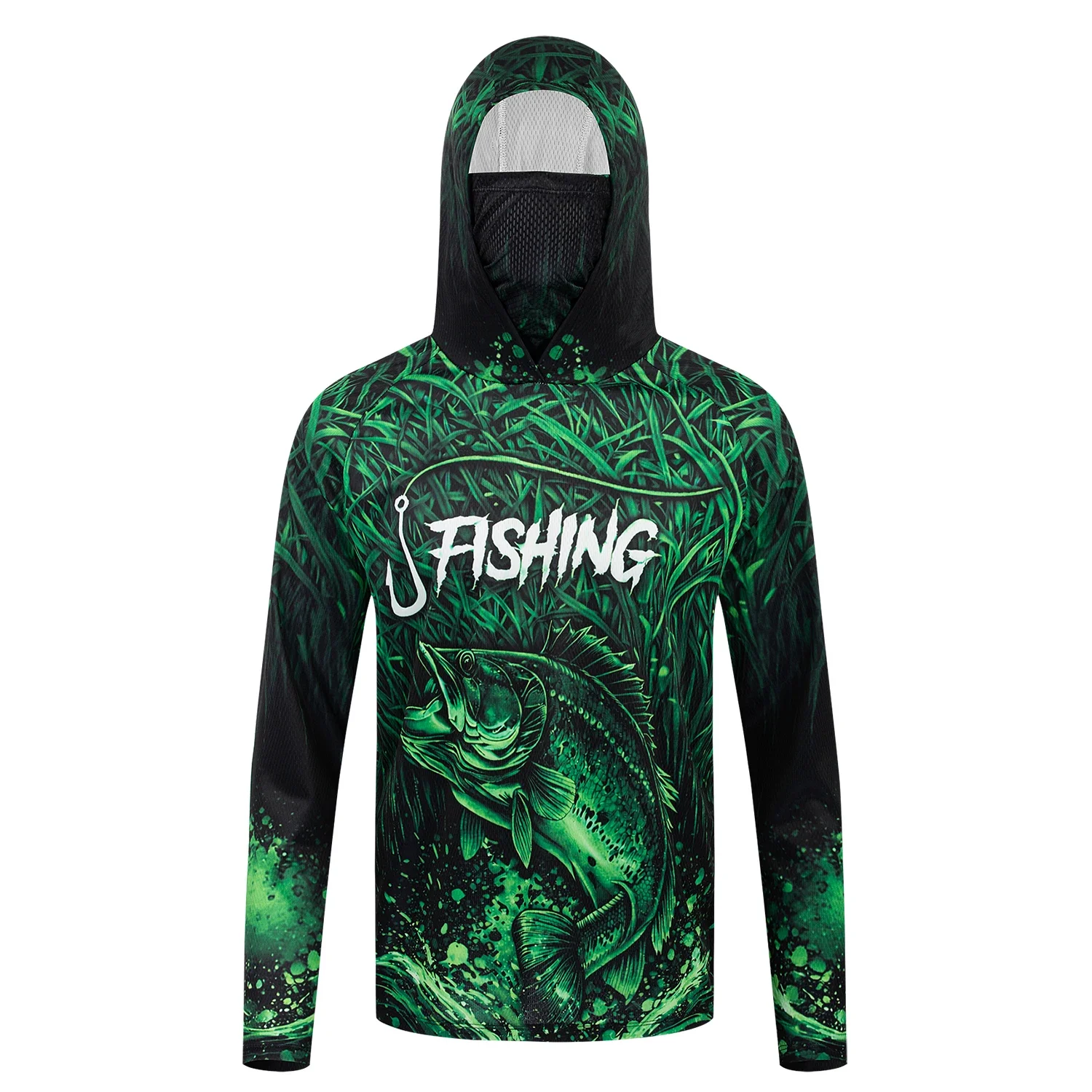 Men Fishing Hoodie Gaiter Bass Print UPF 50+UVShield Quick Dry Breathable Lightweight Stretchy Durable Long Sleeve Angling Wear