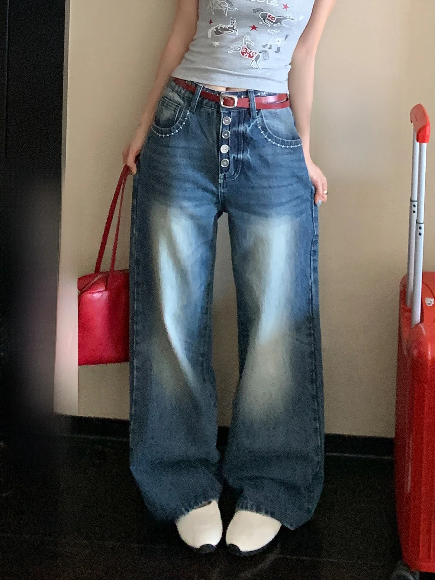 

Джинсы LIONE Vintage из выстиранного денима, прямого кроя, с множеством пуговиц, повседневные, женские, прямые, с завышенной талией