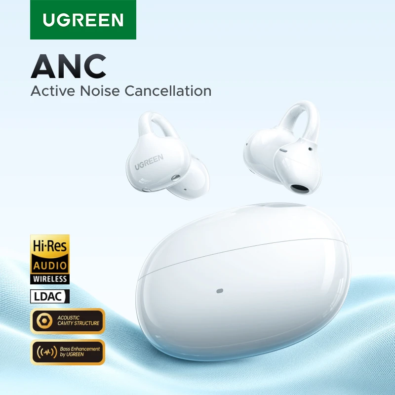 UGREEN ClipBuds Open Ear Wireless Headphones Bluetooth Earphones ANC Dual-feedback Active Noise Cancellation, 32 Hours Playtime