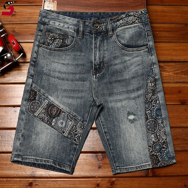 Paisley Trendy Denim Shorts Men's Summer Fashion Printed Casual Cool Street Stretch Slim Cropped Pants Summer