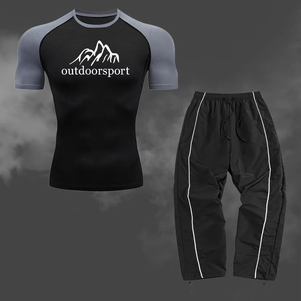 

Летний повседневный спортивный комплект: эластичная компрессионная футболка и брюки на шнурке, комплект из двух предметов, подходит для фитнеса и тренировок на открытом воздухе.