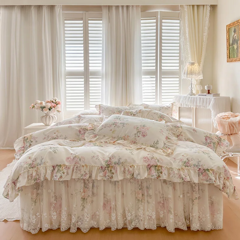 Korean Style Princess Lace Bedding Set Luxury Flowers Printing 100% Cotton Duvet Cover Sets Bed Skirt Pillowcases Home Textile