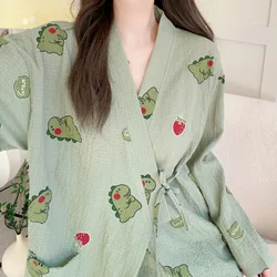 Bubble Cotton Yarn Pajamas para Women, Long-Sleeved Trousers, Loungewear, Sweet e Fresh, Lacing Cartoon Pajama, Spring e Autumn