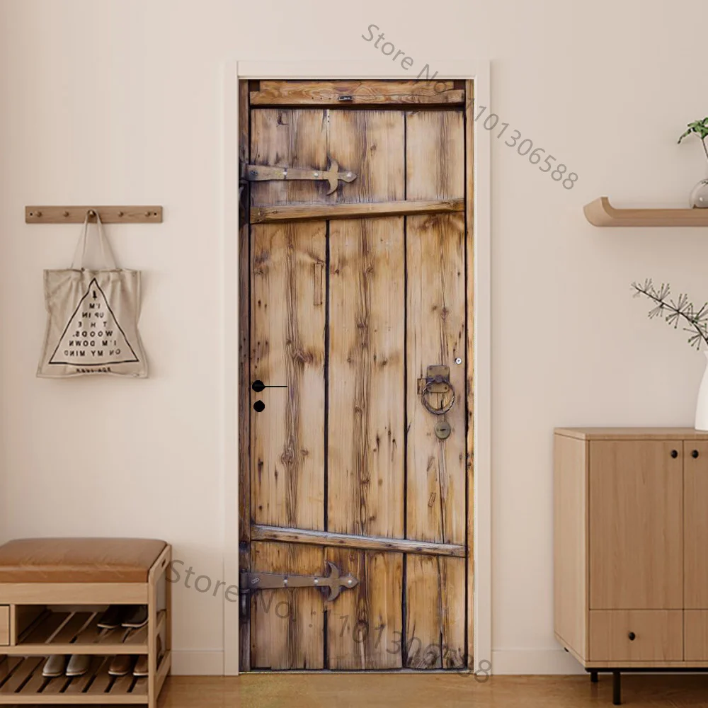 Retro Wood Design Printed Door Wrap Stickers Makeover Self-adhesive 3D Realistic Vintage Wooden Full Door Cover Decals Wallpaper