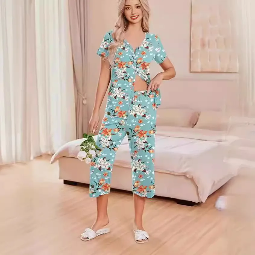 

2024 New Women's Pajamas Short Sleeve Pajama Tops Cropped Pants Pajamas Printed Pajama Sets with Pockets