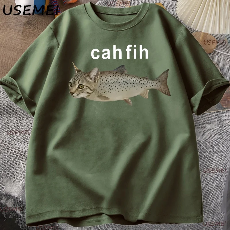 Cah Fih تي شيرت Fih مضحك Mispelled الأسماك ميمي تي شيرت القط والأسماك الجرافيك الفكاهة التي شيرت عادية القطن ملابس قصيرة الأكمام #4