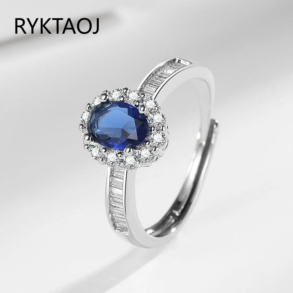 925 Sterling Silver Oval Blue Cubic Zirconia Halo Open Ring for Women Baguette CZ Band Adjustable Wedding Statement Jewelry Gift