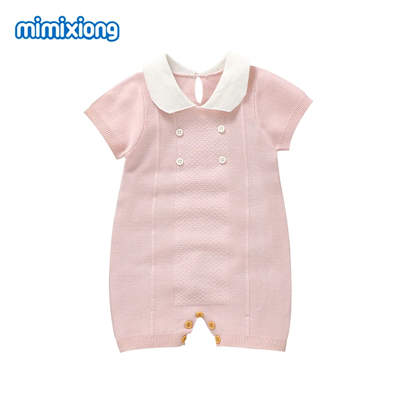 

Solid Color Summer Newborn Baby Girls Rompers Pink Turtle Neck Short Sleeve Knit Infant Sunsuits Jumpsuits 0-18m One Pieces Wear