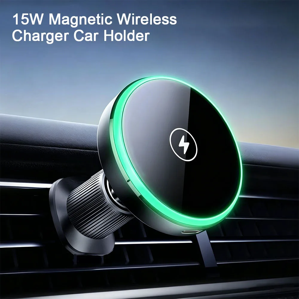 Magnetic wireless car charger holder with LED light vent, compatible with all Qi-compatible phones including iPhone.