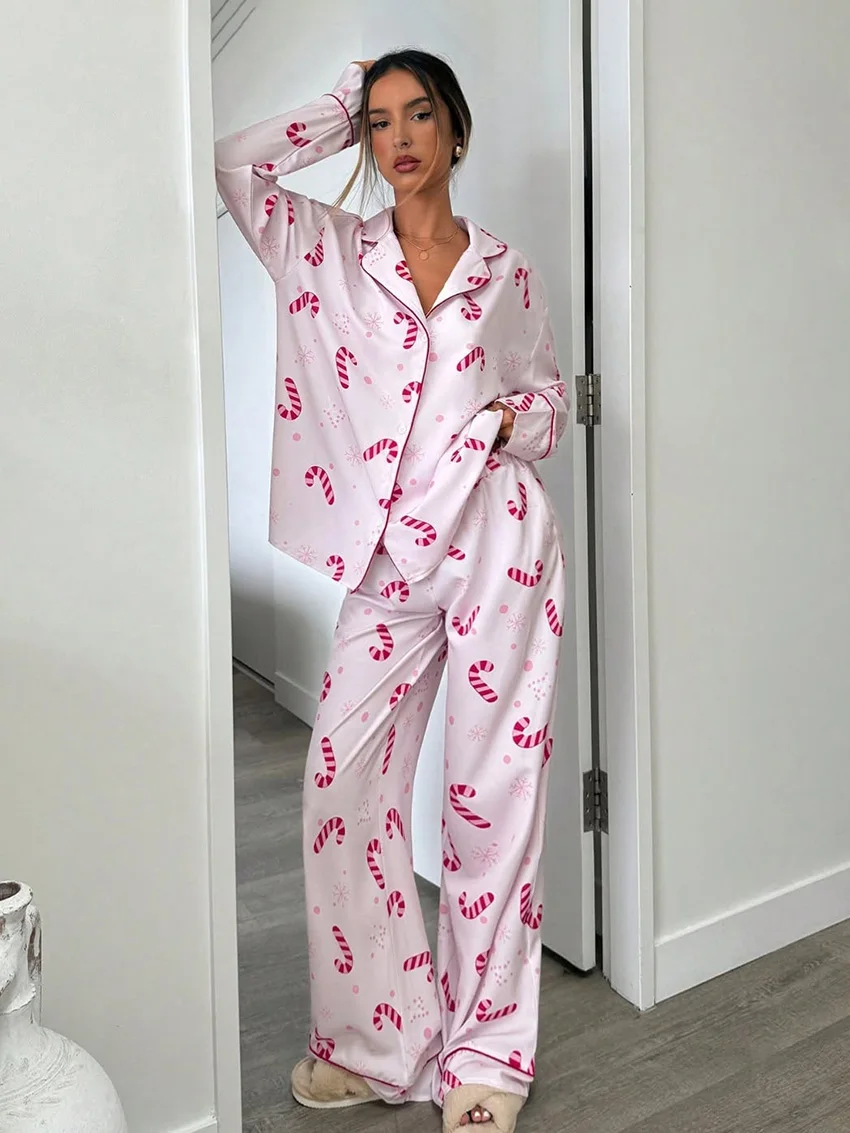 

Marthaqiqi Casual Women Pajama Suit Long Sleeve Sleepwear Turn Down Nightgown Pants Printing Nightwear Ladies Nightie Set Winter