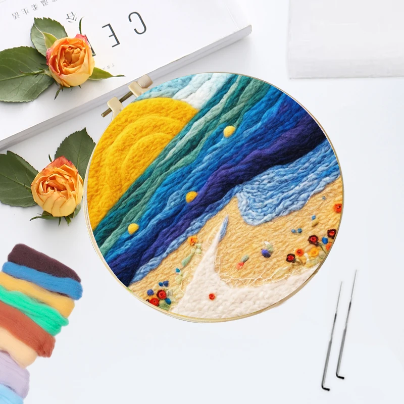 CHENISTORY Needle Felting Painting Kits Beginners Coconut Tree Seaview Needle Felting Starter Tools With Wool Art Embroidery