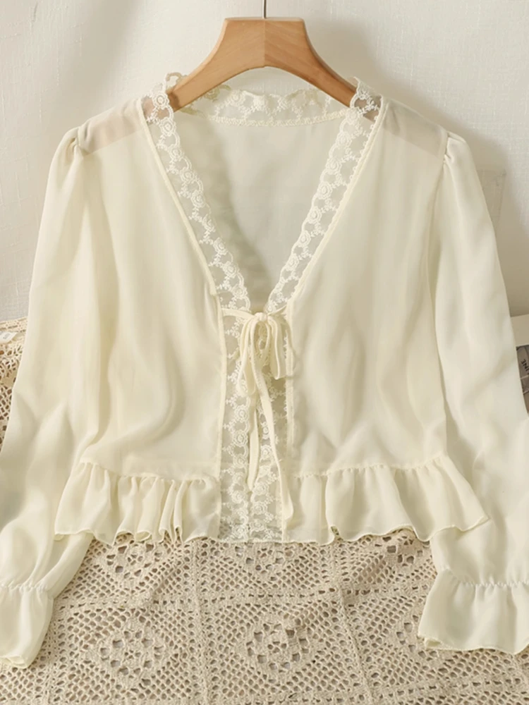 

Summer Thin Sunscreen Chiffon Cardigan Women Simple Casual Patchwork Lace Tied Crop Top Sweet Versatile Shawl Blouse