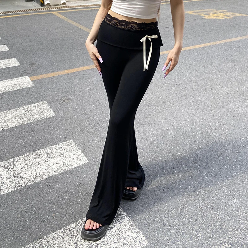 Fashion Solid Color High Waist Lace Stitching Elastic Casual Bowknot Flared Pants