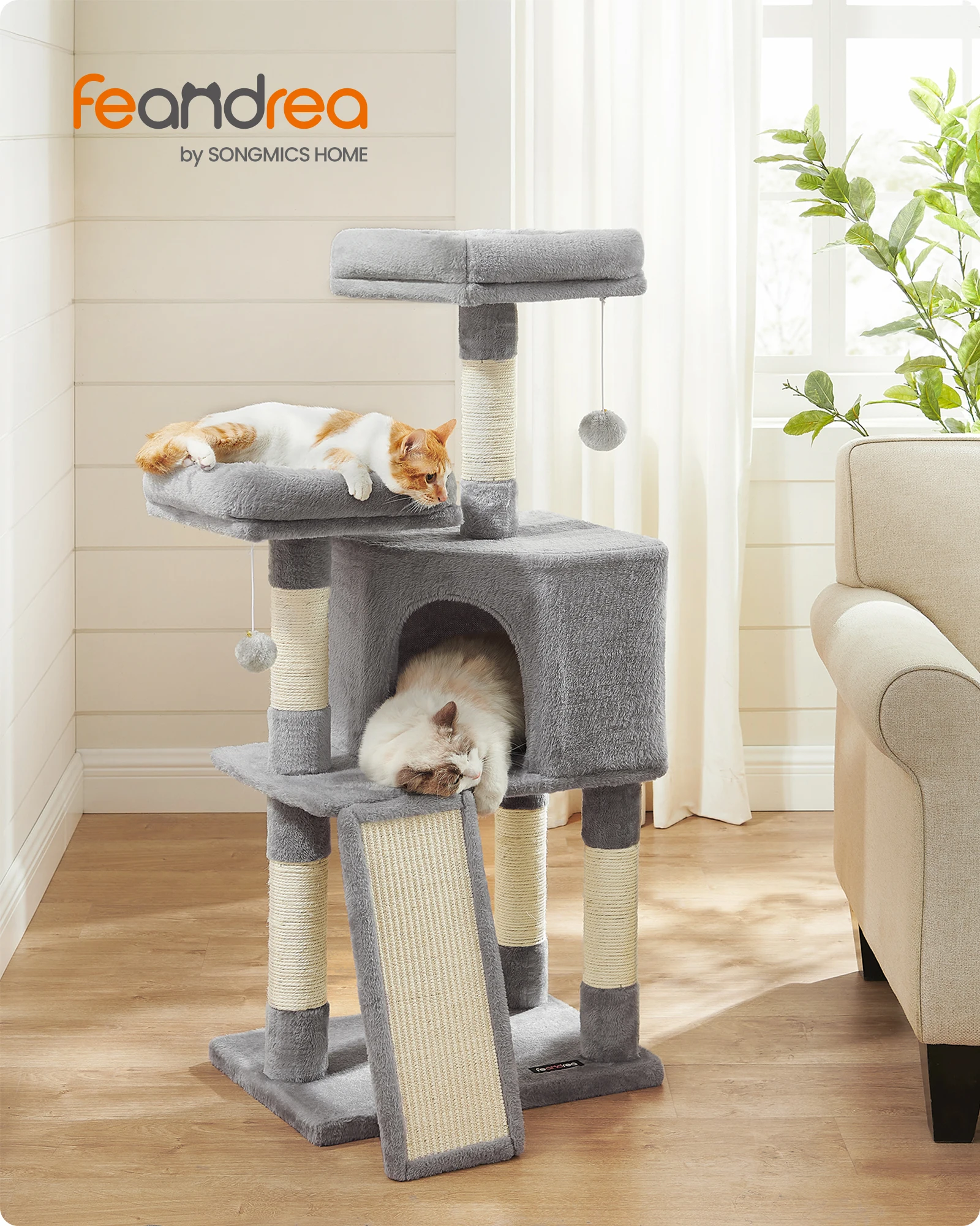 

Кошачья лежанка Feandrea, 45,3-дюймовая кошачья башня, плюшевый домик с когтеточкой, пандусом, площадкой для отдыха, просторной пещерой, для небольших помещений