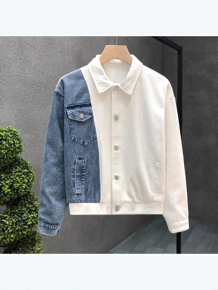 

Белая джинсовая куртка-пэчворк мужская, модная, брендовая, осенне-зимняя, новинка, для делового стиля, для джентльменов, приталенная, молодежная, D...