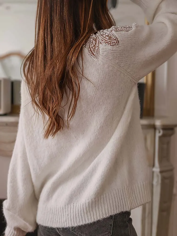 Woman Hollow Knitted Sweater Sequins Solid Glitter Knitting Blouse Long Sleeve Pullover Blouses Female Lady Beach Club Outfit