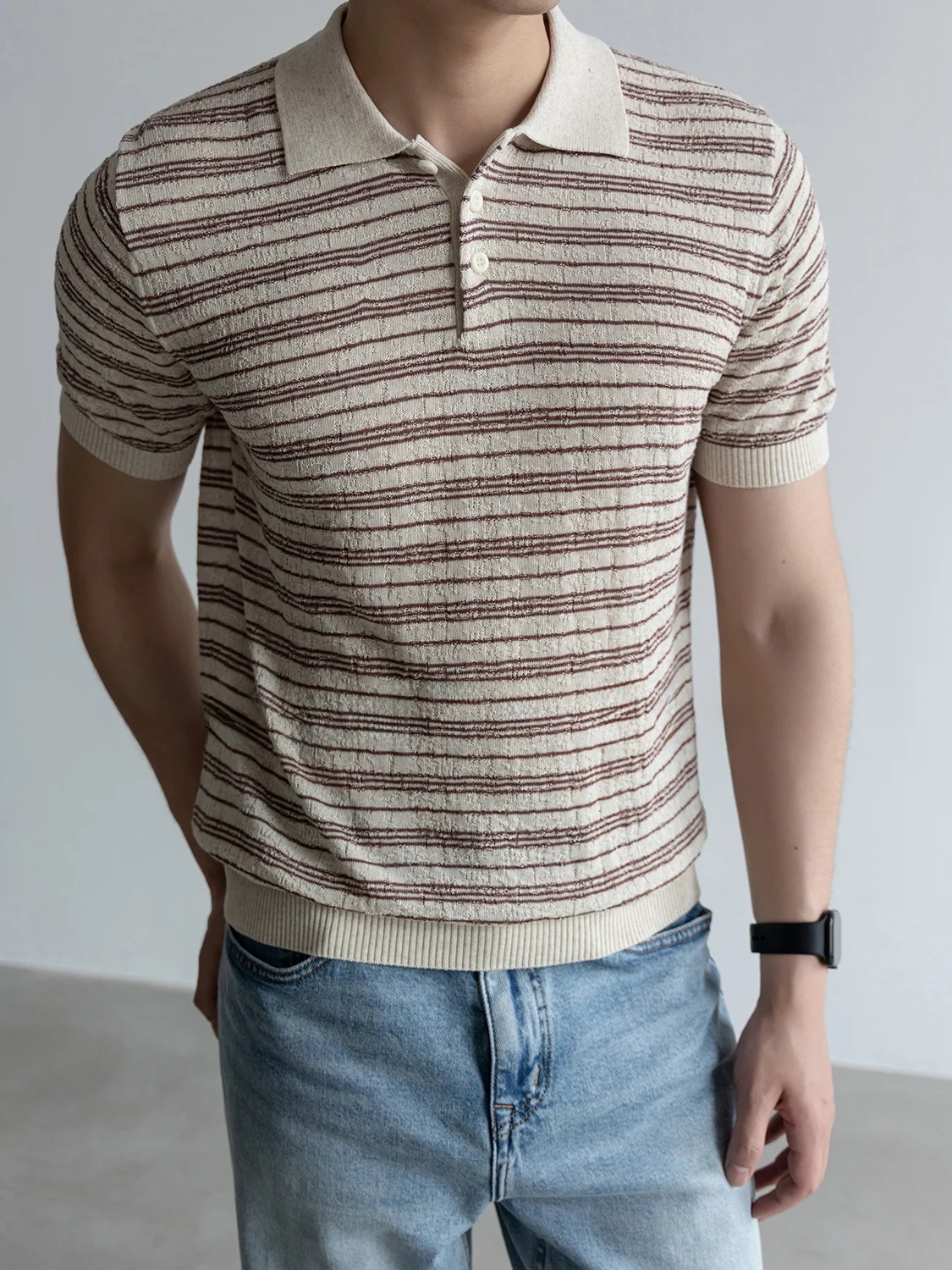 Men's Casual Linen  Shirt Short Sleeve Flip-Collar Breathable Business Casual T-Shirt Summer Striped Tee Lightweight Comf...