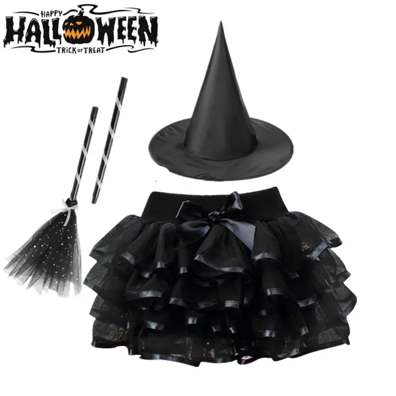 2024 Halloween Girls Skirts Black Gothic Outfits for Kids Carnival Party Cosplay Costume Mesh Tutu Skirt 2-10Y Children Clothing