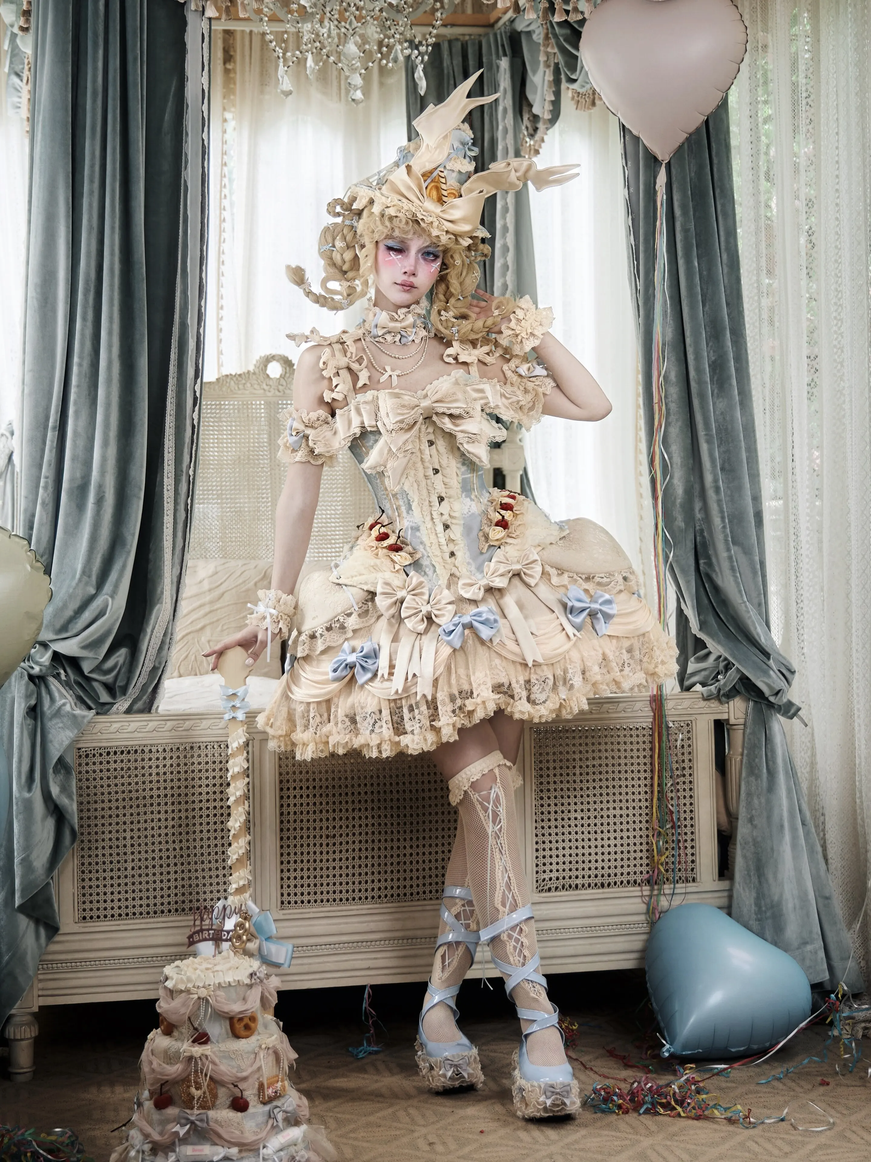 Blood Supply Milk Blue Lace Lolita Cake Skirt Original French Rococo Vintage Bow Tie Summer Mini Ball Gown Skirt
