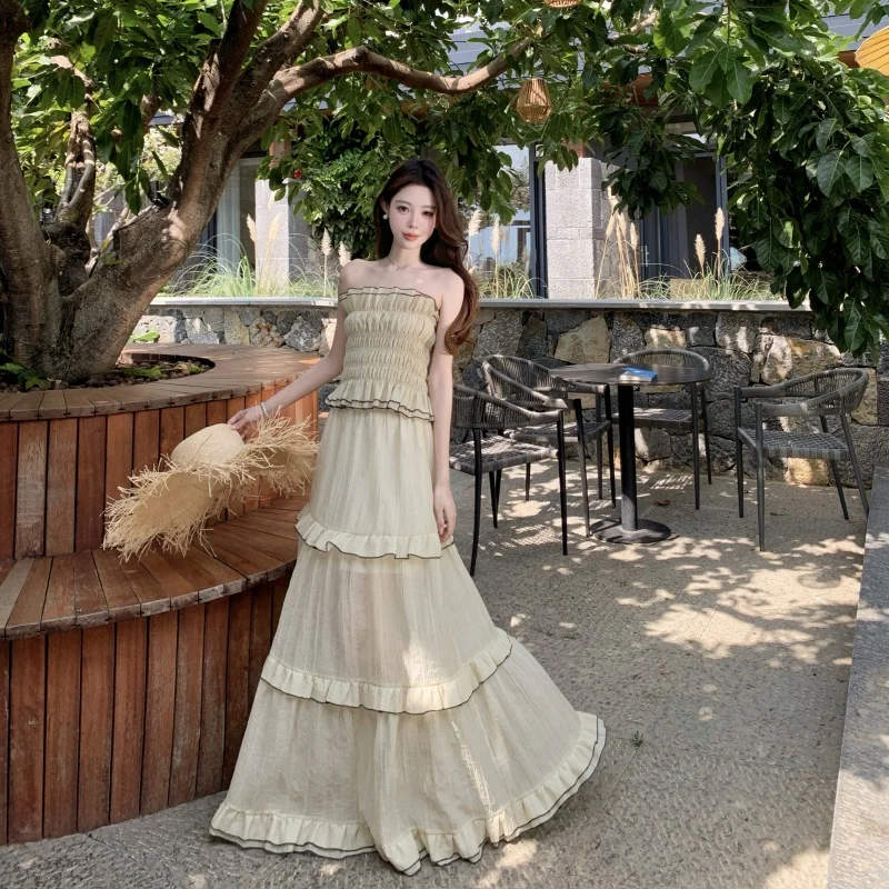 

Women Sweet Pink Two Piece Set Outfit Summer Sleeveless Strapless Pleated Tops High Waist Cake Long Skirts Elegant Holiday Suit