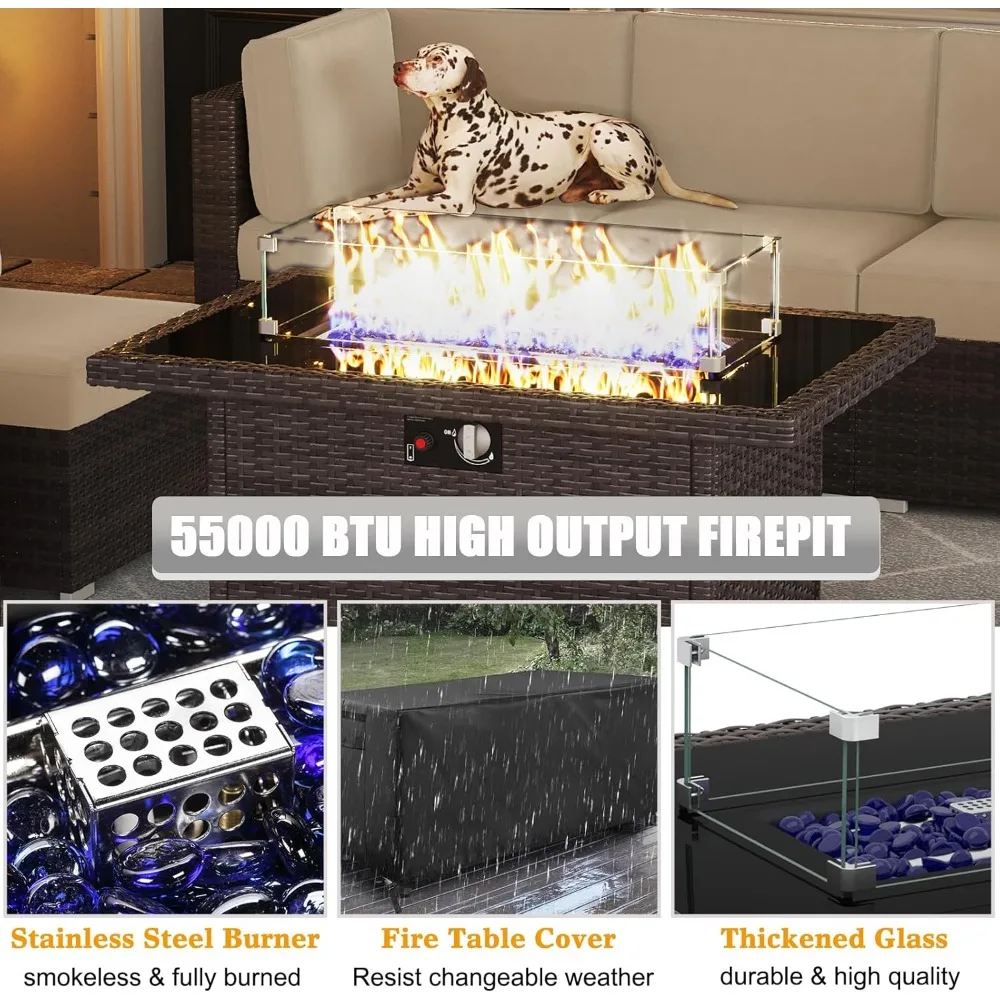 8 Pieces Outdoor Patio Furniture Set with 44" Fire Pit Table Brown Rattan Sectional Sofa Conversation Sets