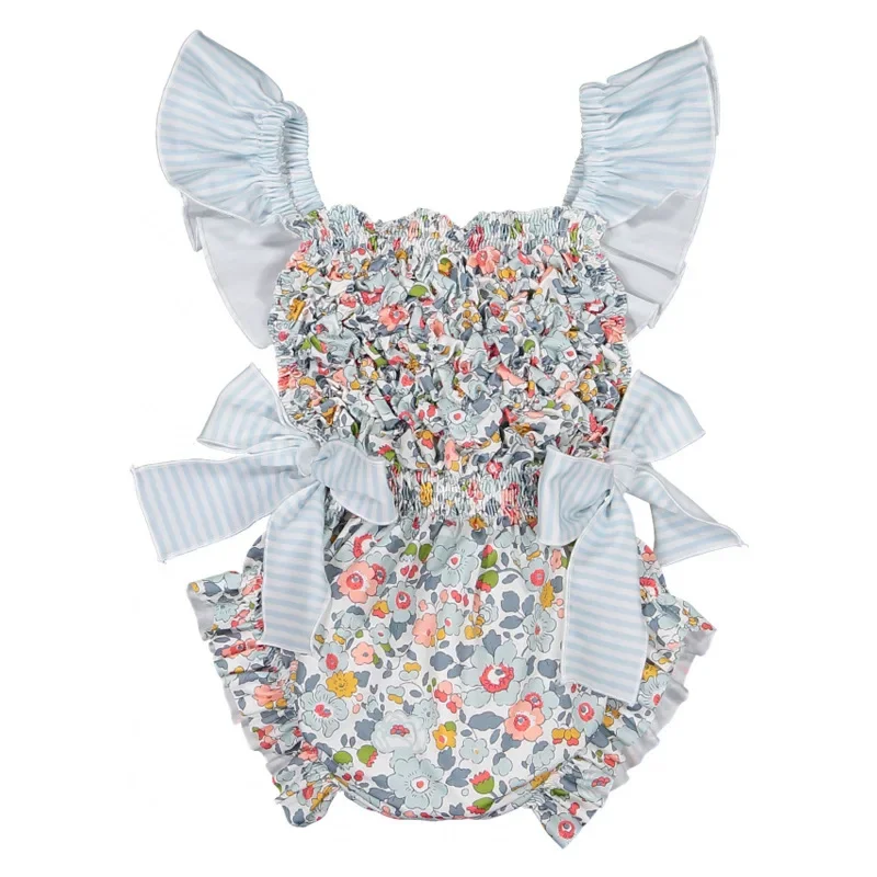 Baby Girls Swimwear Blue/Pink Floral Print Cute Bow One Piece Suspender Swimsuit Fashion Children Beach Clothes E1158