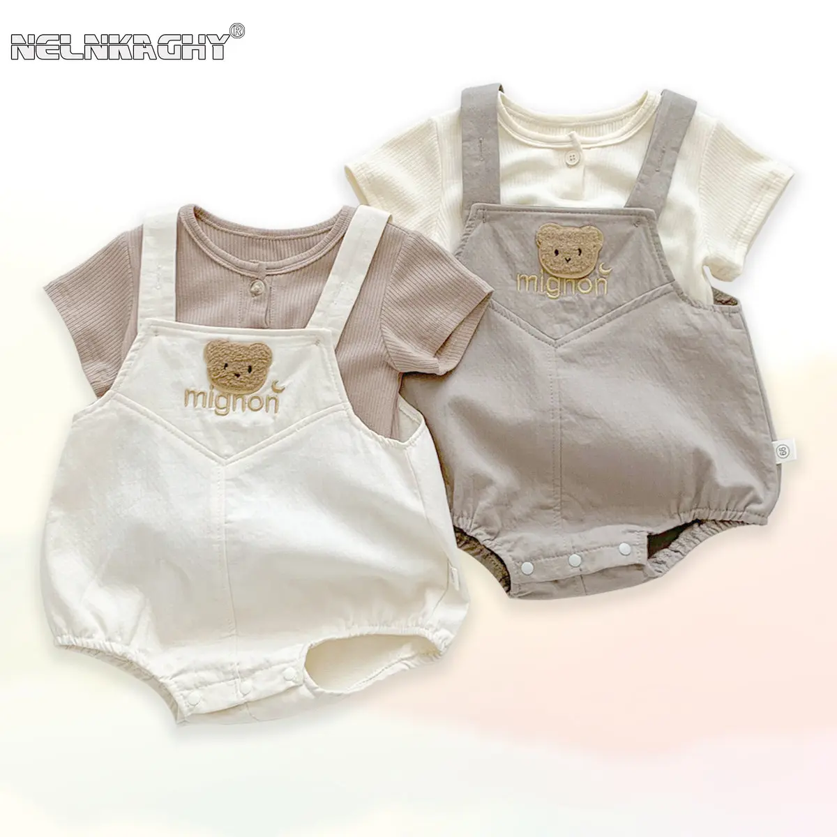 2023 New In Summer Newborn Baby Girls Boys Short Sleeve Solid Color Top T-shirts +cartoon Bear Bodysuits Kid Infant Clothing Set