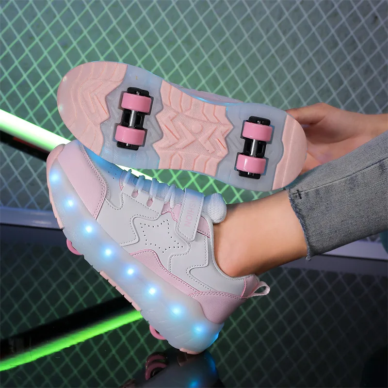 Boys and Girls' Four-wheel Roller Skate Shoes Children's Rechargeable Light-up Transformable Wheel Shoes Student Adult Sneakers