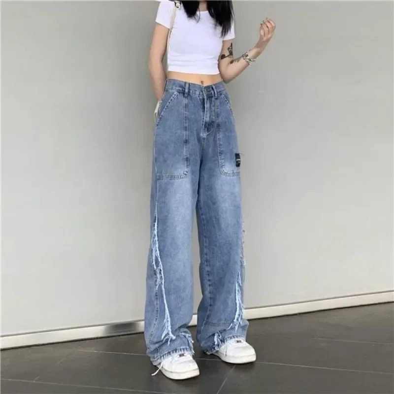 Jean en Denim à Jambes Larges avec Poches pour Femme, Pantalon Ample, Délavé, Moyen, Taille X, Grande, pour Adolescents, en Vente, Années 90