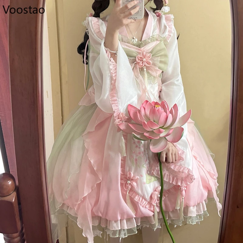 Robe de princesse Sweet Lolita pour femme, lapin de dessin animé mignon, volants de fleurs, robes de soirée, style chinois Hanfu, ensembles Kawaii Lolita