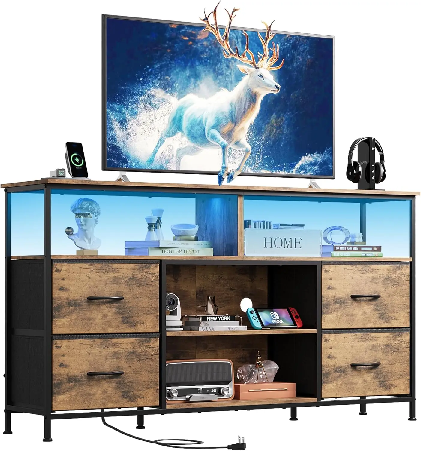 

TV Stand Dresser for 50,55,60 inch TV, Entertainment Center with LED Lights & Fabric Drawers, Dresser TV Stand for Bedroom