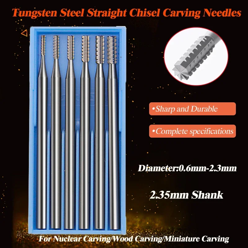 

1/6Pcs 0.6-2.3mm Tungsten Steel Straight Chisel Carving Needles 2.35mm Shank Engraving Bits For Nuclear Wood Miniature Carving