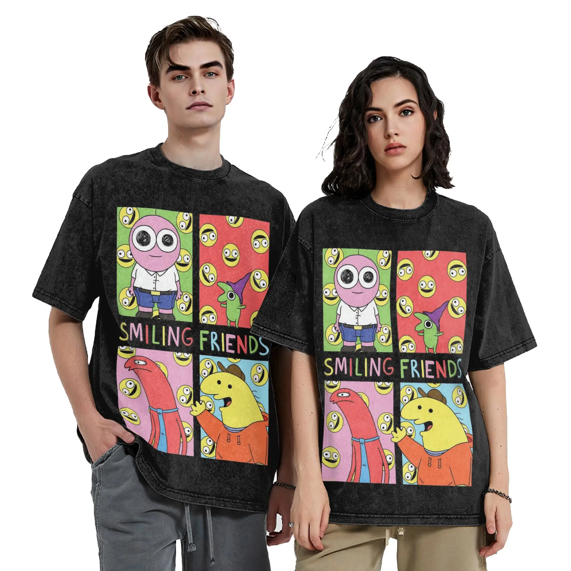 Vintage Smiling Friends Cartoon Outfit T-Shirts for Men Women  Cotton Washed Tee Shirts Clothes