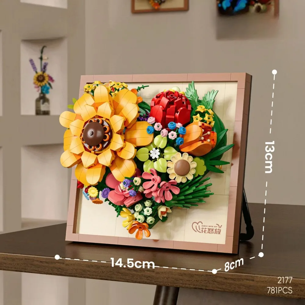 Specjalność noworoczna! Klocki do budowania ramki na zdjęcia 3D z kwiatami i mini klockami - zabawka DIY dla dziewczynek, idealny prezent