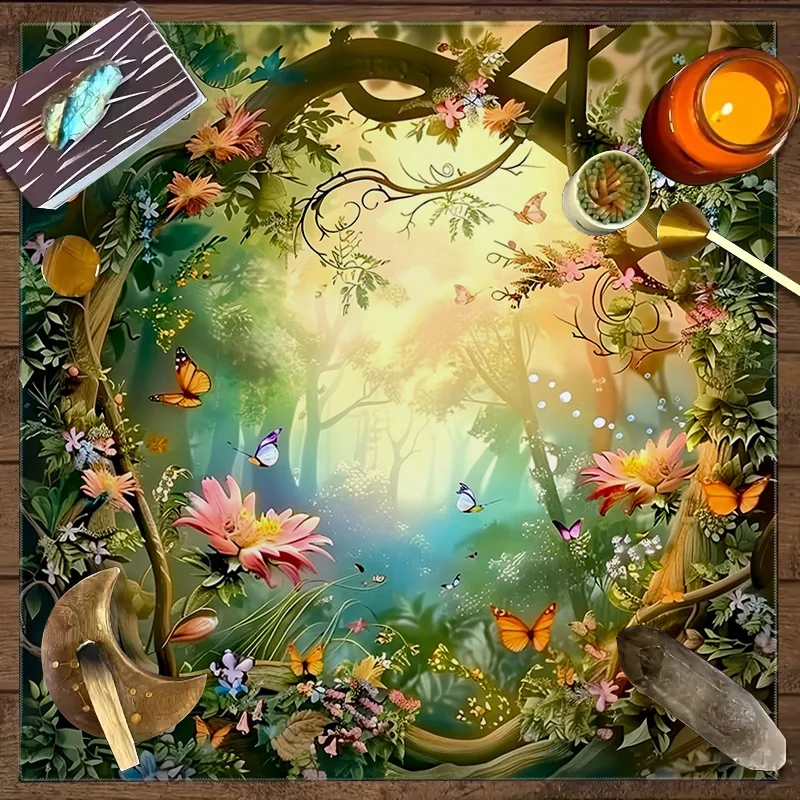 Dreamy Dancing‑Butterfly Tarot Tablecloth, Central Forest & Sacred Light Pattern, Card Game Mat, Furniture & Coffee Table Cover