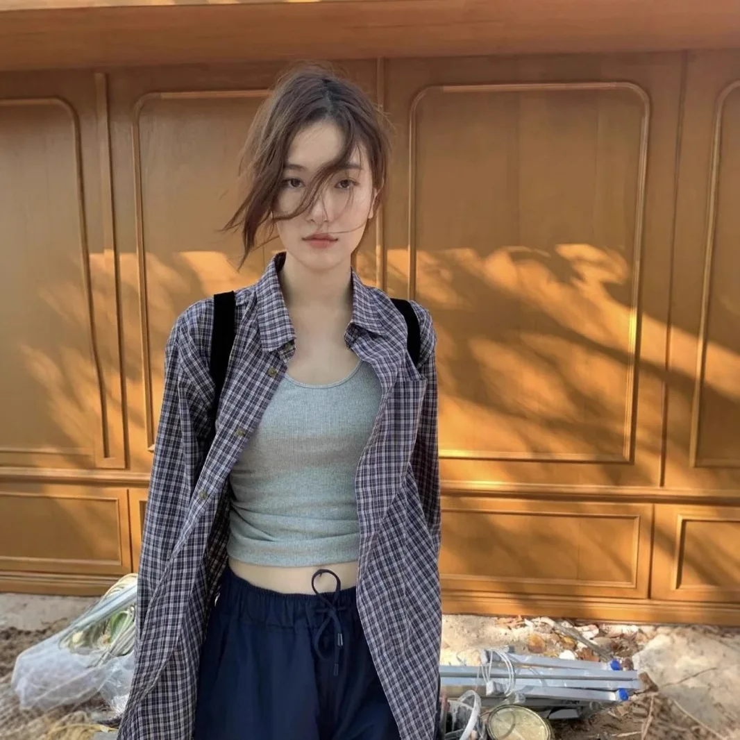 

Thebarnnet Korean Designer Brand Casual Vintage Small Check Long-Sleeve Shirt